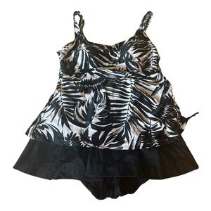 Maxine One Piece Ruched Short Skirt Black White Silver Wide Band Swimsuit